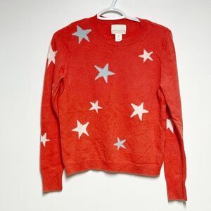 Cynthia Rowley 2-Ply Cashmere Crew Neck Orangey Pink Star Detail Sweater Sz L
